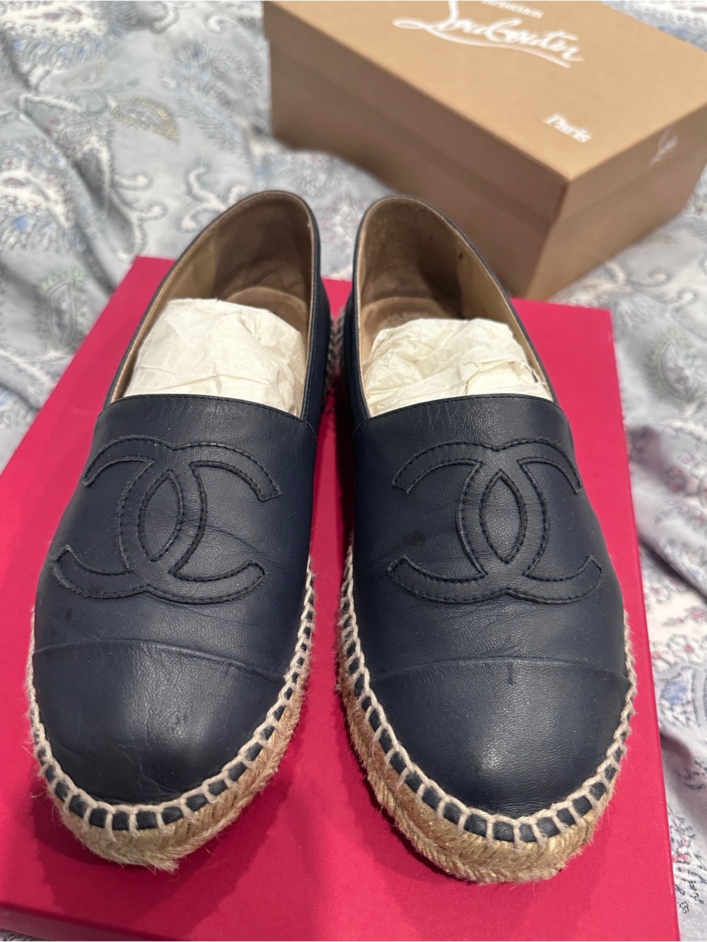 CHANEL Navy Leather Espadrille Slip-Ons with Double C Logo